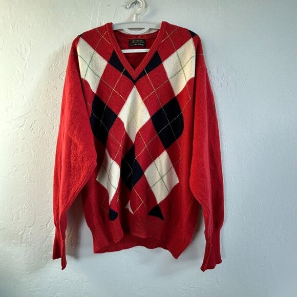 Vintage The Pro Shop Lyle & Scott Wool Argyle V-Neck Grandpa Sweater Large Red - Picture 1 of 10